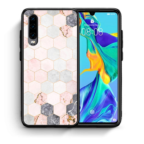 Θήκη Huawei P30 Hexagon Pink Marble από τη Smartfits με σχέδιο στο πίσω μέρος και μαύρο περίβλημα | Huawei P30 Hexagon Pink Marble case with colorful back and black bezels