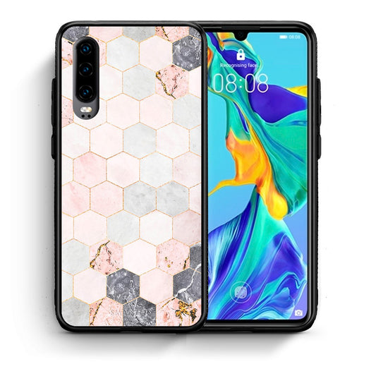Θήκη Huawei P30 Hexagon Pink Marble από τη Smartfits με σχέδιο στο πίσω μέρος και μαύρο περίβλημα | Huawei P30 Hexagon Pink Marble case with colorful back and black bezels