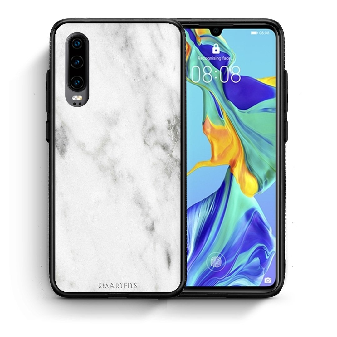 Θήκη Huawei P30 White Marble από τη Smartfits με σχέδιο στο πίσω μέρος και μαύρο περίβλημα | Huawei P30 White Marble case with colorful back and black bezels