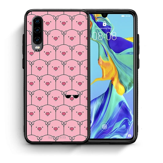 Θήκη Huawei P30 Pig Glasses από τη Smartfits με σχέδιο στο πίσω μέρος και μαύρο περίβλημα | Huawei P30 Pig Glasses case with colorful back and black bezels