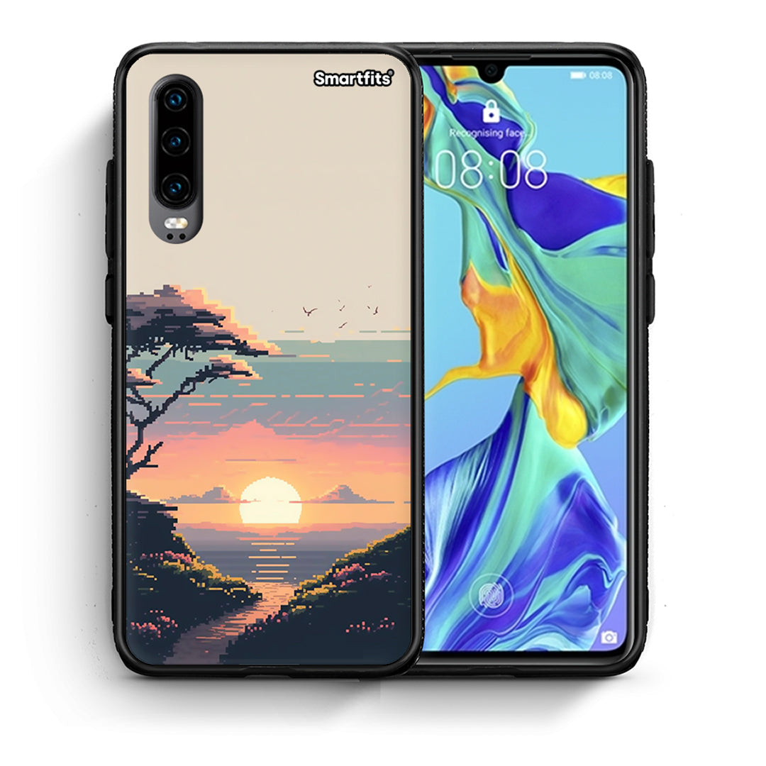Θήκη Huawei P30 Pixel Sunset από τη Smartfits με σχέδιο στο πίσω μέρος και μαύρο περίβλημα | Huawei P30 Pixel Sunset case with colorful back and black bezels