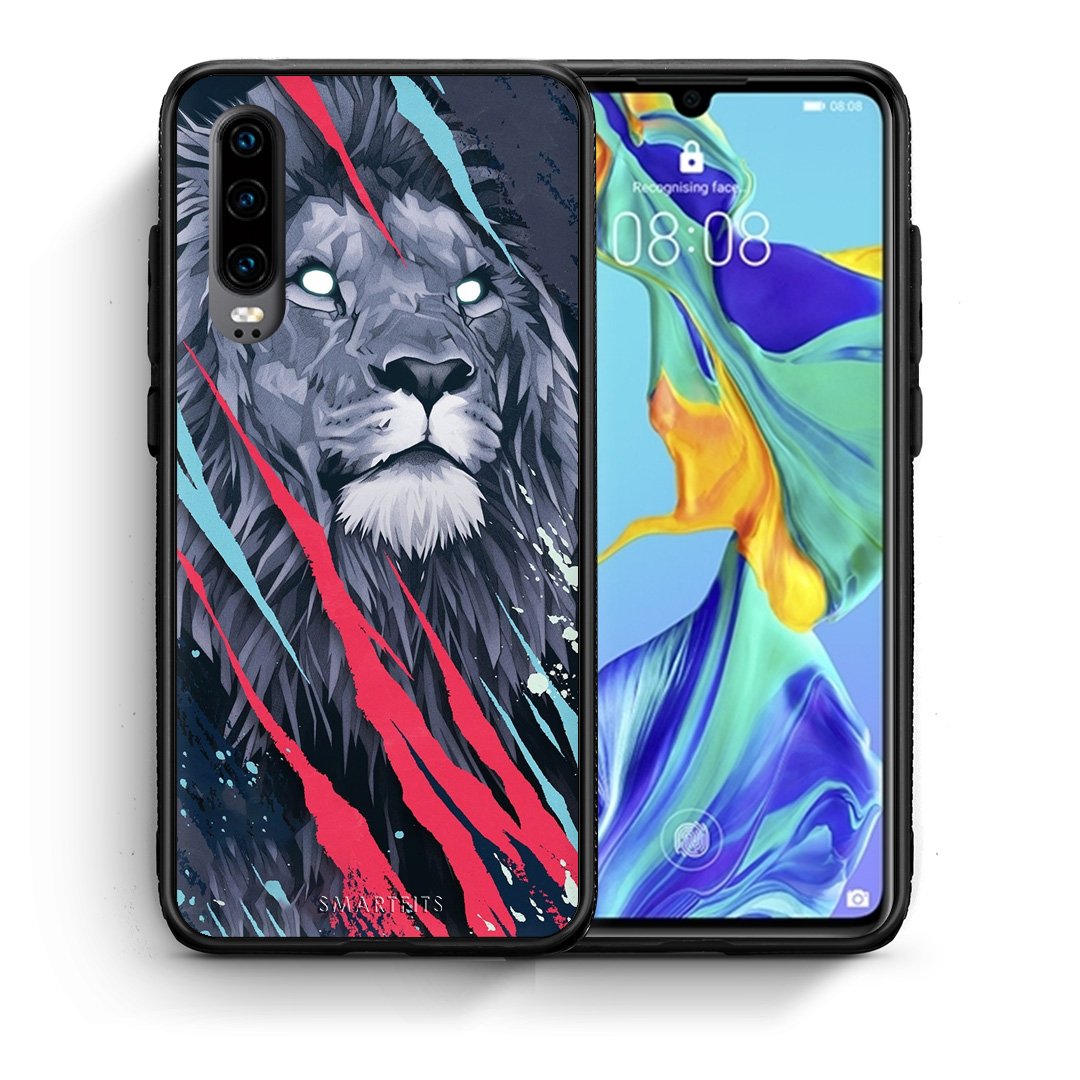 Θήκη Huawei P30 Lion Designer PopArt από τη Smartfits με σχέδιο στο πίσω μέρος και μαύρο περίβλημα | Huawei P30 Lion Designer PopArt case with colorful back and black bezels