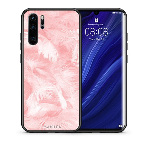 Θήκη Huawei P30 Pro Pink Feather Boho από τη Smartfits με σχέδιο στο πίσω μέρος και μαύρο περίβλημα | Huawei P30 Pro Pink Feather Boho case with colorful back and black bezels
