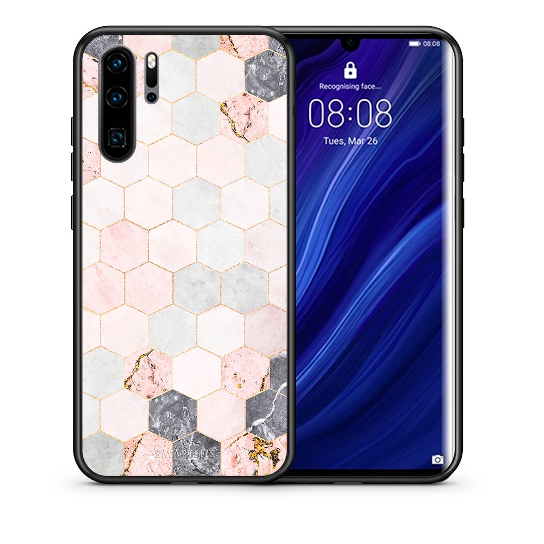 Θήκη Huawei P30 Pro Hexagon Pink Marble από τη Smartfits με σχέδιο στο πίσω μέρος και μαύρο περίβλημα | Huawei P30 Pro Hexagon Pink Marble case with colorful back and black bezels