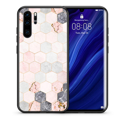 Θήκη Huawei P30 Pro Hexagon Pink Marble από τη Smartfits με σχέδιο στο πίσω μέρος και μαύρο περίβλημα | Huawei P30 Pro Hexagon Pink Marble case with colorful back and black bezels