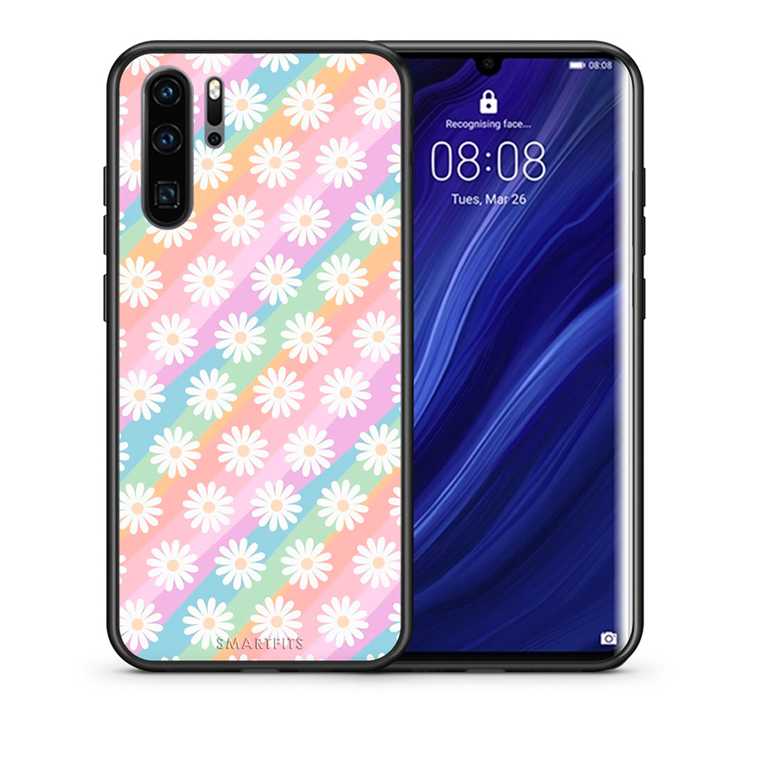 Θήκη Huawei P30 Pro White Daisies από τη Smartfits με σχέδιο στο πίσω μέρος και μαύρο περίβλημα | Huawei P30 Pro White Daisies case with colorful back and black bezels