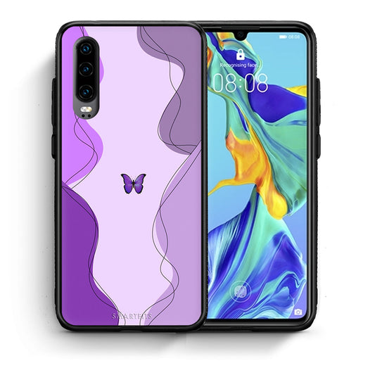 Θήκη Αγίου Βαλεντίνου Huawei P30 Purple Mariposa από τη Smartfits με σχέδιο στο πίσω μέρος και μαύρο περίβλημα | Huawei P30 Purple Mariposa case with colorful back and black bezels