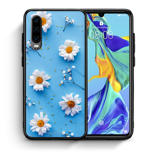 Θήκη Huawei P30 Real Daisies από τη Smartfits με σχέδιο στο πίσω μέρος και μαύρο περίβλημα | Huawei P30 Real Daisies case with colorful back and black bezels