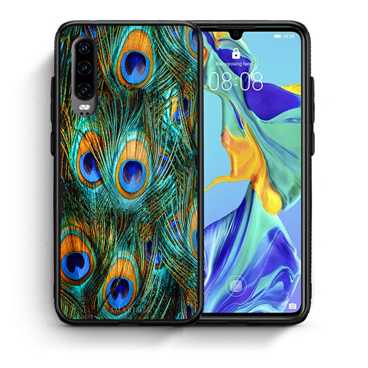 Θήκη Huawei P30 Real Peacock Feathers από τη Smartfits με σχέδιο στο πίσω μέρος και μαύρο περίβλημα | Huawei P30 Real Peacock Feathers case with colorful back and black bezels