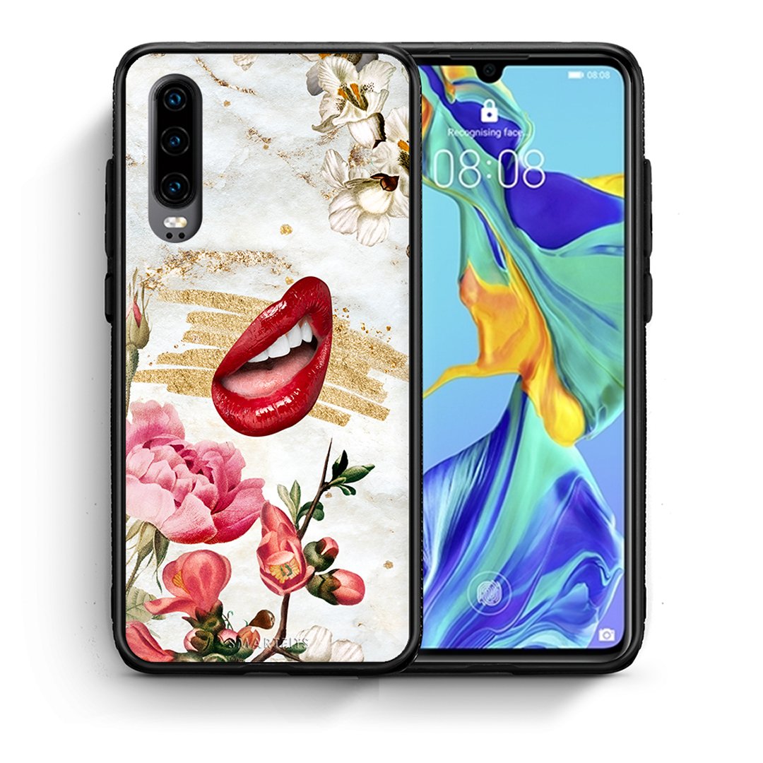 Θήκη Huawei P30 Red Lips από τη Smartfits με σχέδιο στο πίσω μέρος και μαύρο περίβλημα | Huawei P30 Red Lips case with colorful back and black bezels