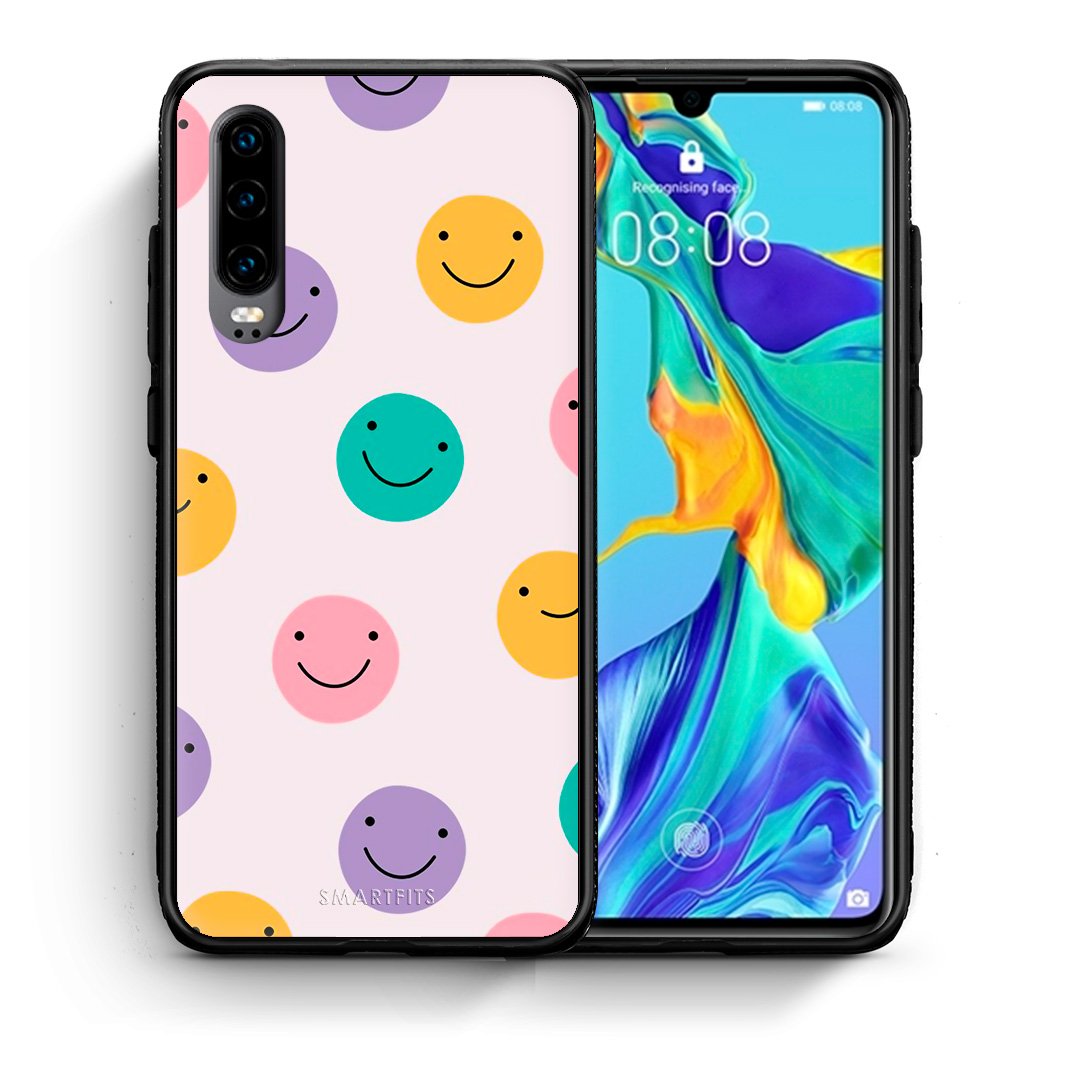 Θήκη Huawei P30 Smiley Faces από τη Smartfits με σχέδιο στο πίσω μέρος και μαύρο περίβλημα | Huawei P30 Smiley Faces case with colorful back and black bezels