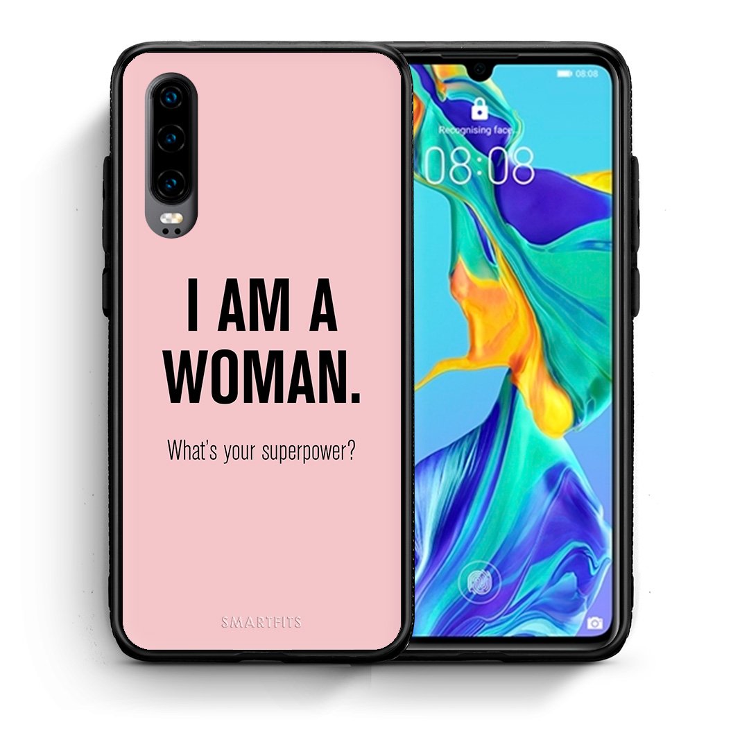 Θήκη Huawei P30 Superpower Woman από τη Smartfits με σχέδιο στο πίσω μέρος και μαύρο περίβλημα | Huawei P30 Superpower Woman case with colorful back and black bezels