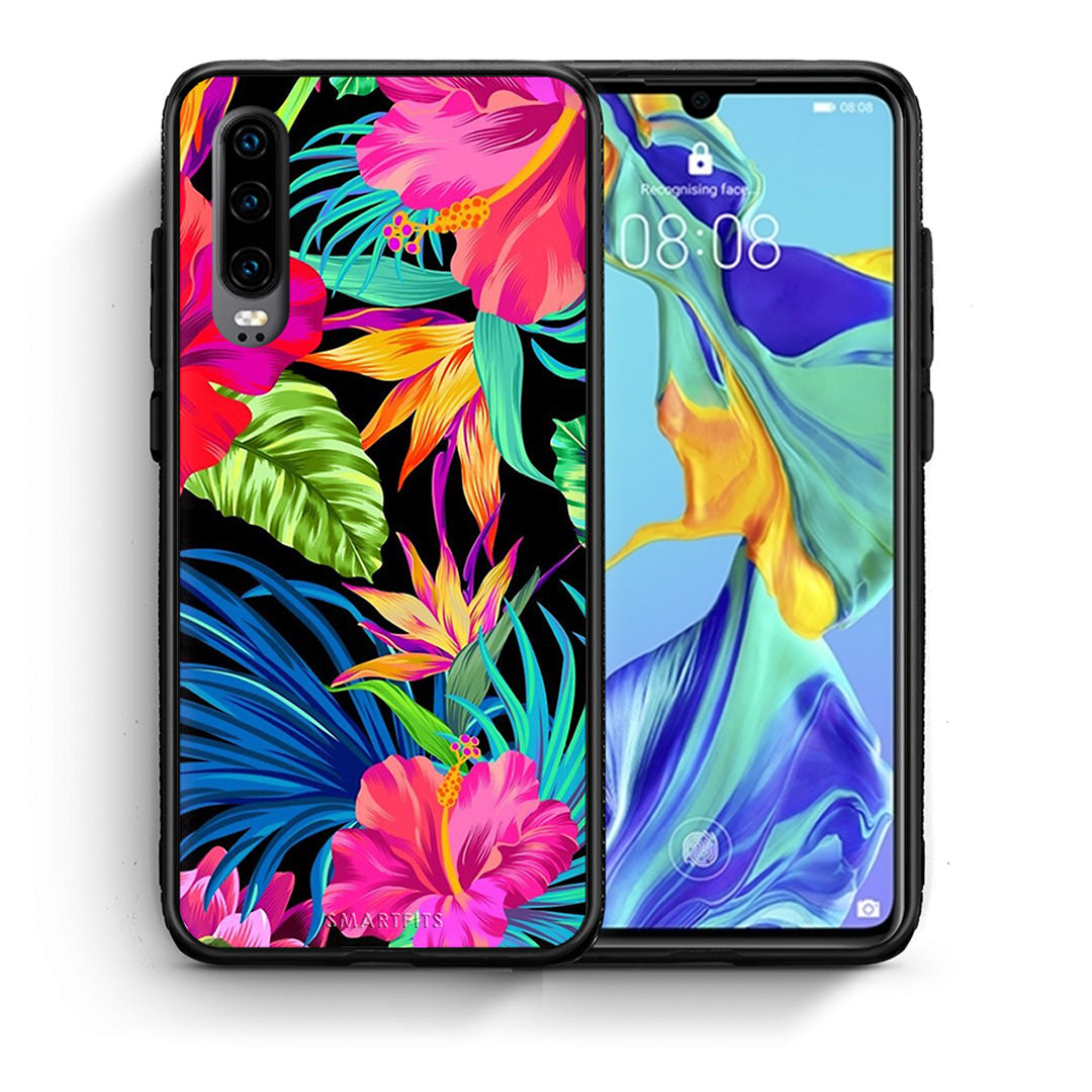 Θήκη Huawei P30 Tropical Flowers από τη Smartfits με σχέδιο στο πίσω μέρος και μαύρο περίβλημα | Huawei P30 Tropical Flowers case with colorful back and black bezels