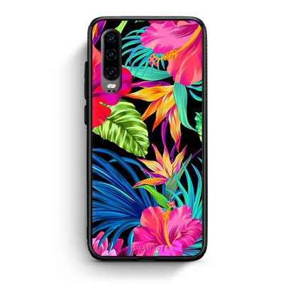 Huawei P30 Tropical Flowers θήκη από τη Smartfits με σχέδιο στο πίσω μέρος και μαύρο περίβλημα | Smartphone case with colorful back and black bezels by Smartfits