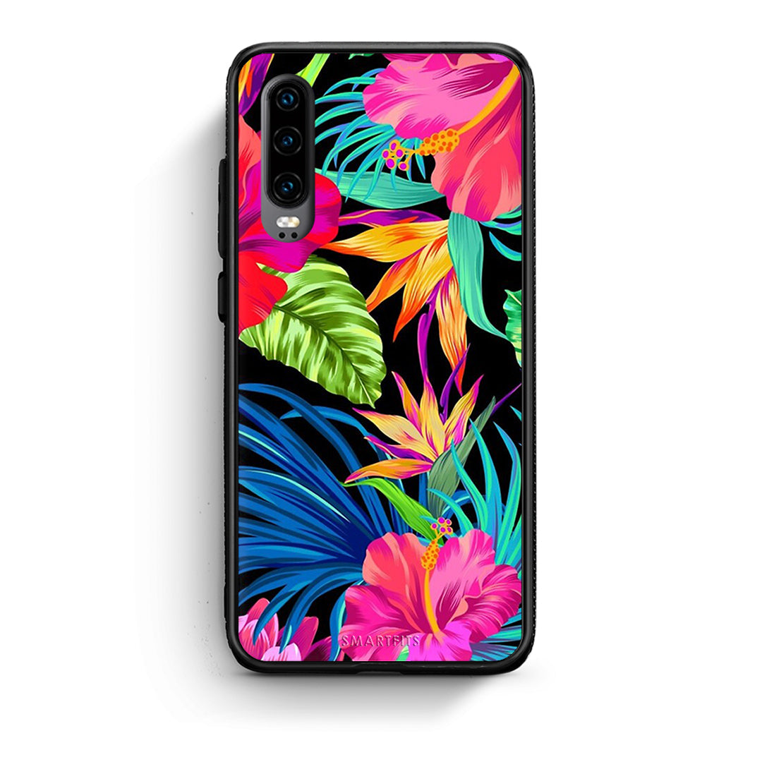 Huawei P30 Tropical Flowers θήκη από τη Smartfits με σχέδιο στο πίσω μέρος και μαύρο περίβλημα | Smartphone case with colorful back and black bezels by Smartfits
