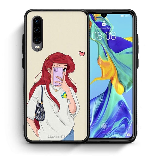 Θήκη Huawei P30 Walking Mermaid από τη Smartfits με σχέδιο στο πίσω μέρος και μαύρο περίβλημα | Huawei P30 Walking Mermaid case with colorful back and black bezels
