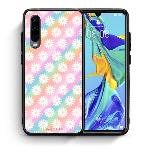 Θήκη Huawei P30 White Daisies από τη Smartfits με σχέδιο στο πίσω μέρος και μαύρο περίβλημα | Huawei P30 White Daisies case with colorful back and black bezels