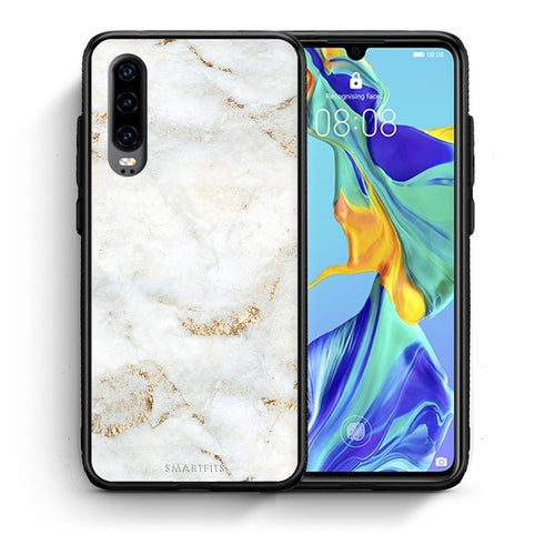 Θήκη Huawei P30 White Gold Marble από τη Smartfits με σχέδιο στο πίσω μέρος και μαύρο περίβλημα | Huawei P30 White Gold Marble case with colorful back and black bezels