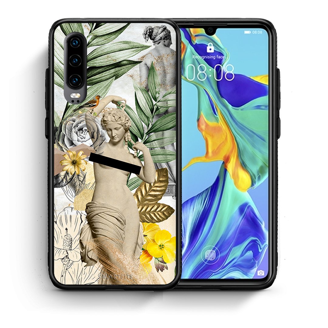 Θήκη Huawei P30 Woman Statue από τη Smartfits με σχέδιο στο πίσω μέρος και μαύρο περίβλημα | Huawei P30 Woman Statue case with colorful back and black bezels