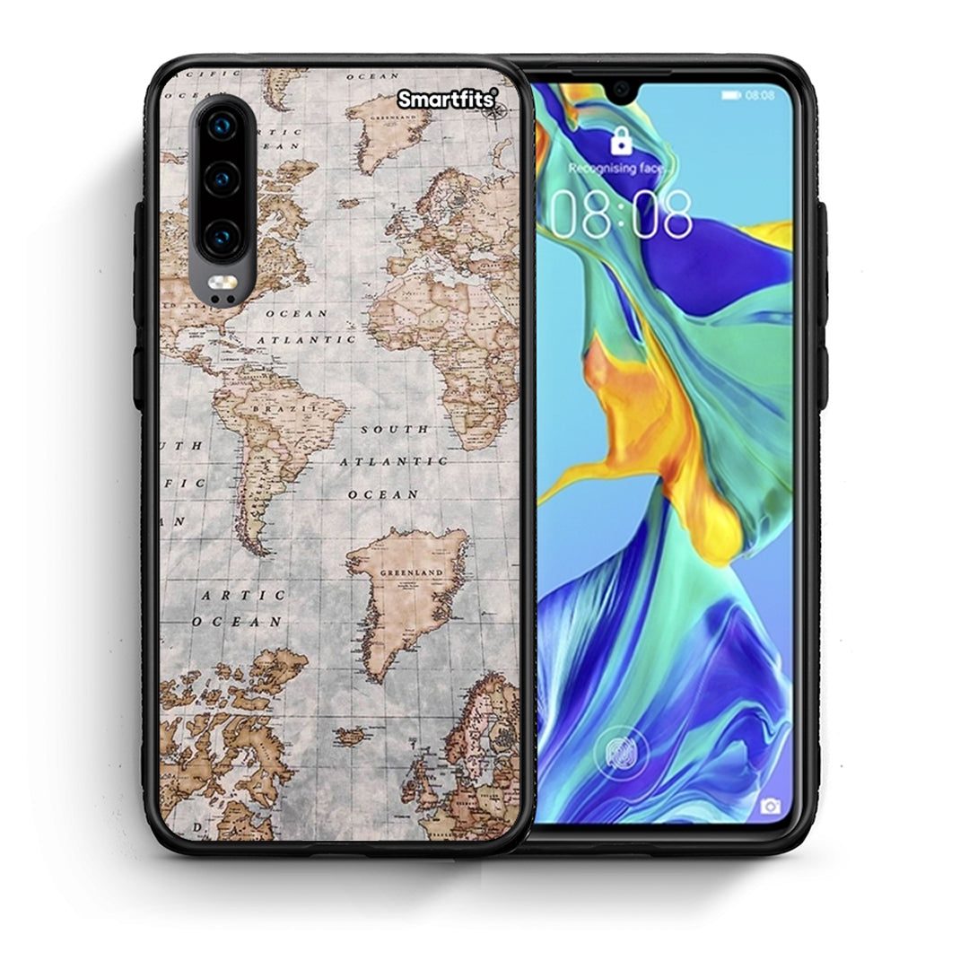 Θήκη Huawei P30 World Map από τη Smartfits με σχέδιο στο πίσω μέρος και μαύρο περίβλημα | Huawei P30 World Map case with colorful back and black bezels