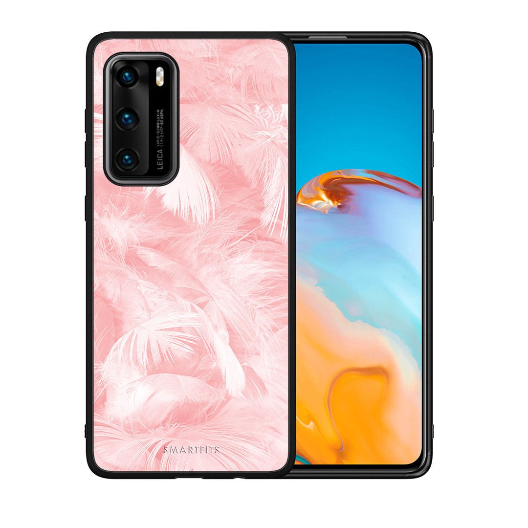 Θήκη Huawei P40 Pink Feather Boho από τη Smartfits με σχέδιο στο πίσω μέρος και μαύρο περίβλημα | Huawei P40 Pink Feather Boho case with colorful back and black bezels