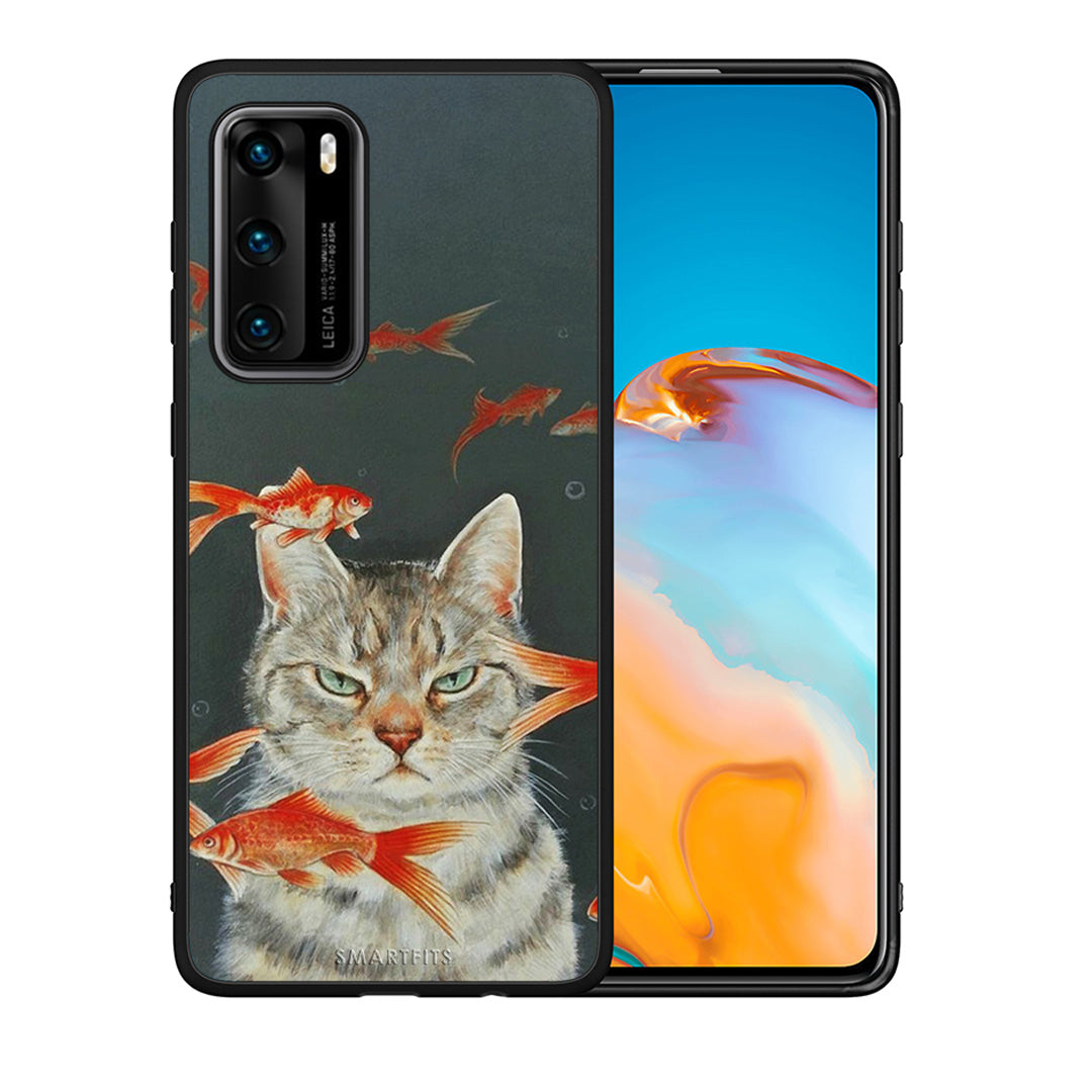 Θήκη Huawei P40 Cat Goldfish από τη Smartfits με σχέδιο στο πίσω μέρος και μαύρο περίβλημα | Huawei P40 Cat Goldfish case with colorful back and black bezels