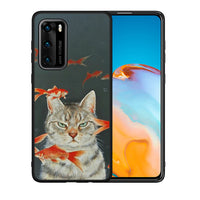 Thumbnail for Θήκη Huawei P40 Cat Goldfish από τη Smartfits με σχέδιο στο πίσω μέρος και μαύρο περίβλημα | Huawei P40 Cat Goldfish case with colorful back and black bezels