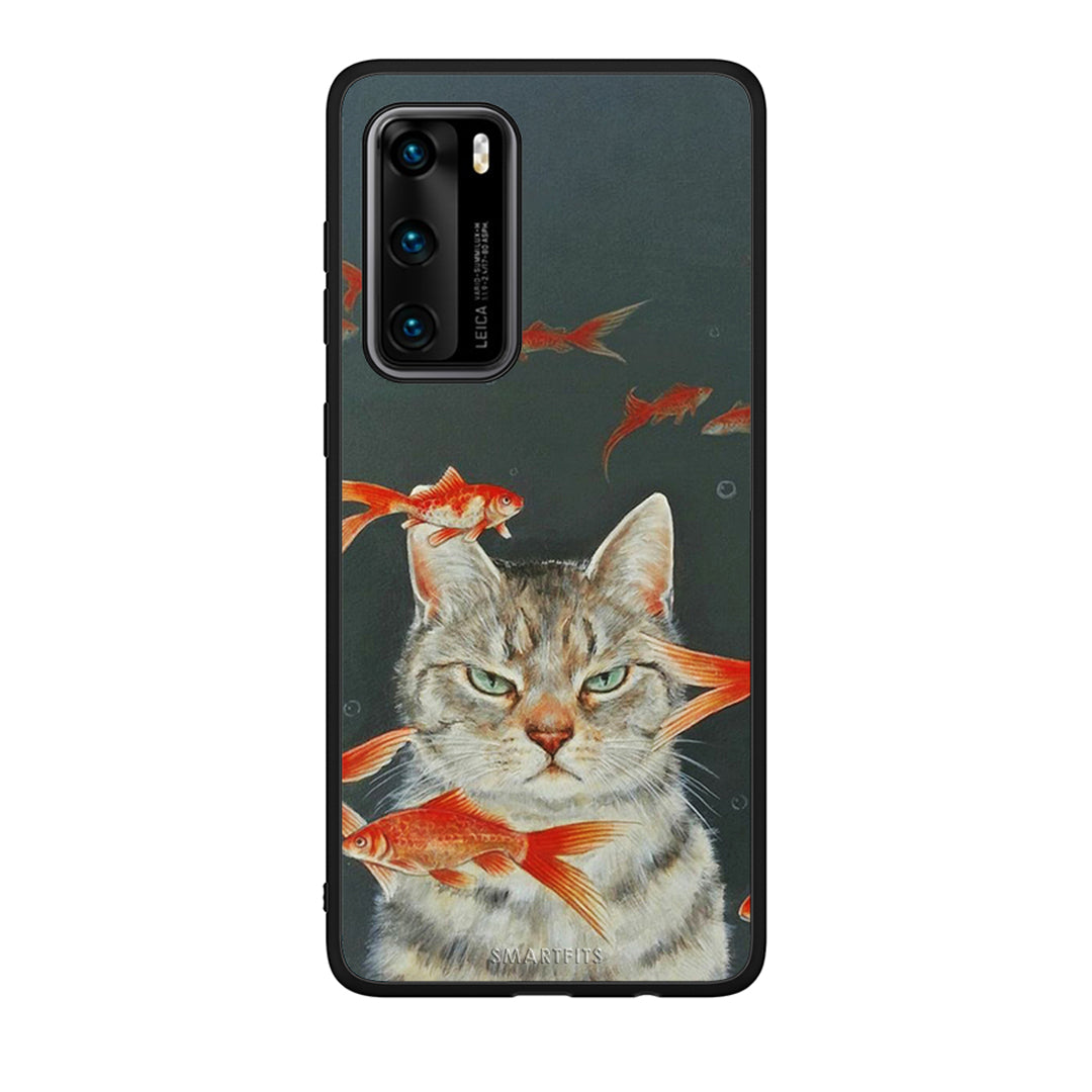 Huawei P40 Cat Goldfish θήκη από τη Smartfits με σχέδιο στο πίσω μέρος και μαύρο περίβλημα | Smartphone case with colorful back and black bezels by Smartfits