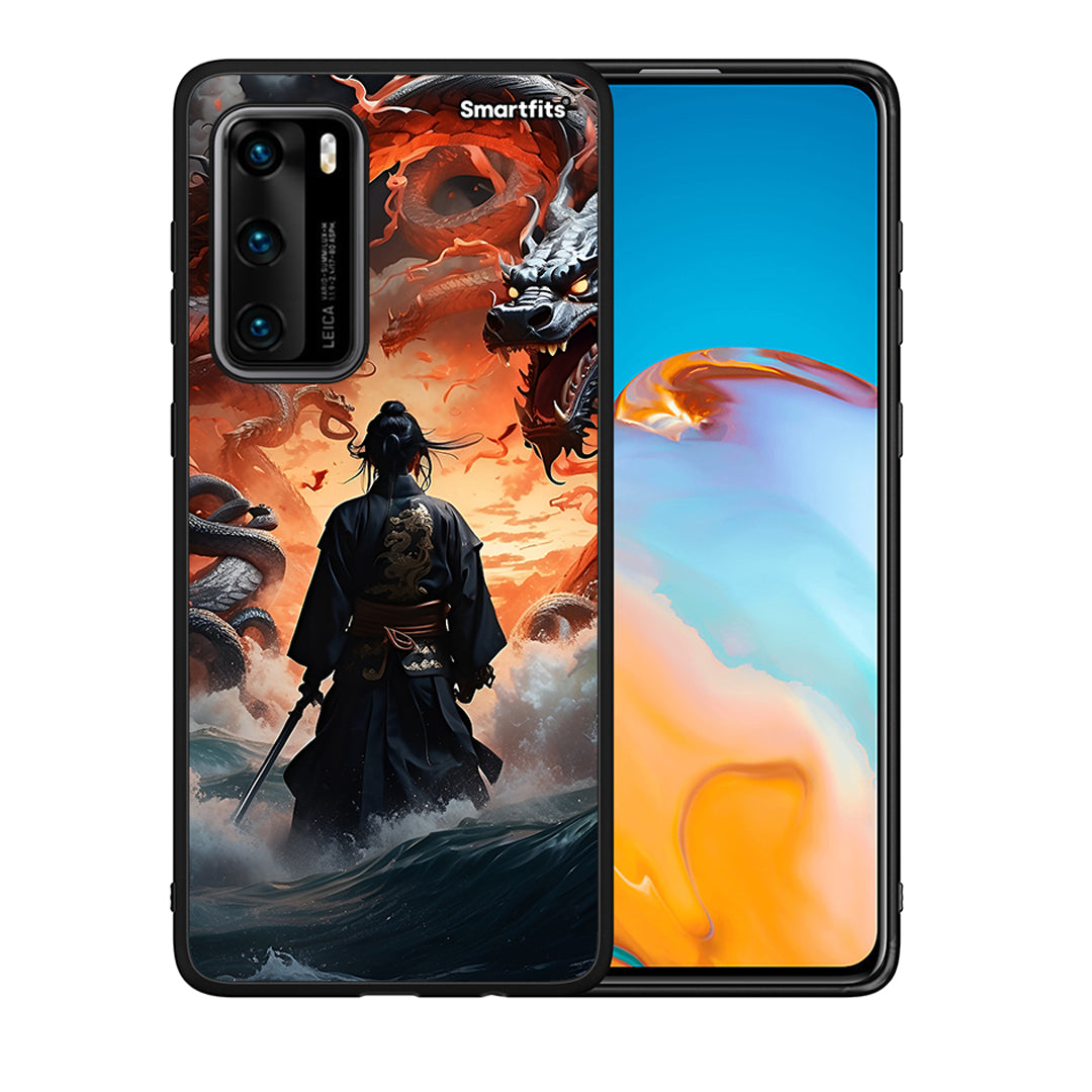 Θήκη Huawei P40 Dragons Fight από τη Smartfits με σχέδιο στο πίσω μέρος και μαύρο περίβλημα | Huawei P40 Dragons Fight case with colorful back and black bezels