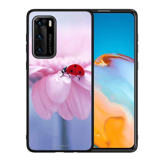 Θήκη Huawei P40 Ladybug Flower από τη Smartfits με σχέδιο στο πίσω μέρος και μαύρο περίβλημα | Huawei P40 Ladybug Flower case with colorful back and black bezels