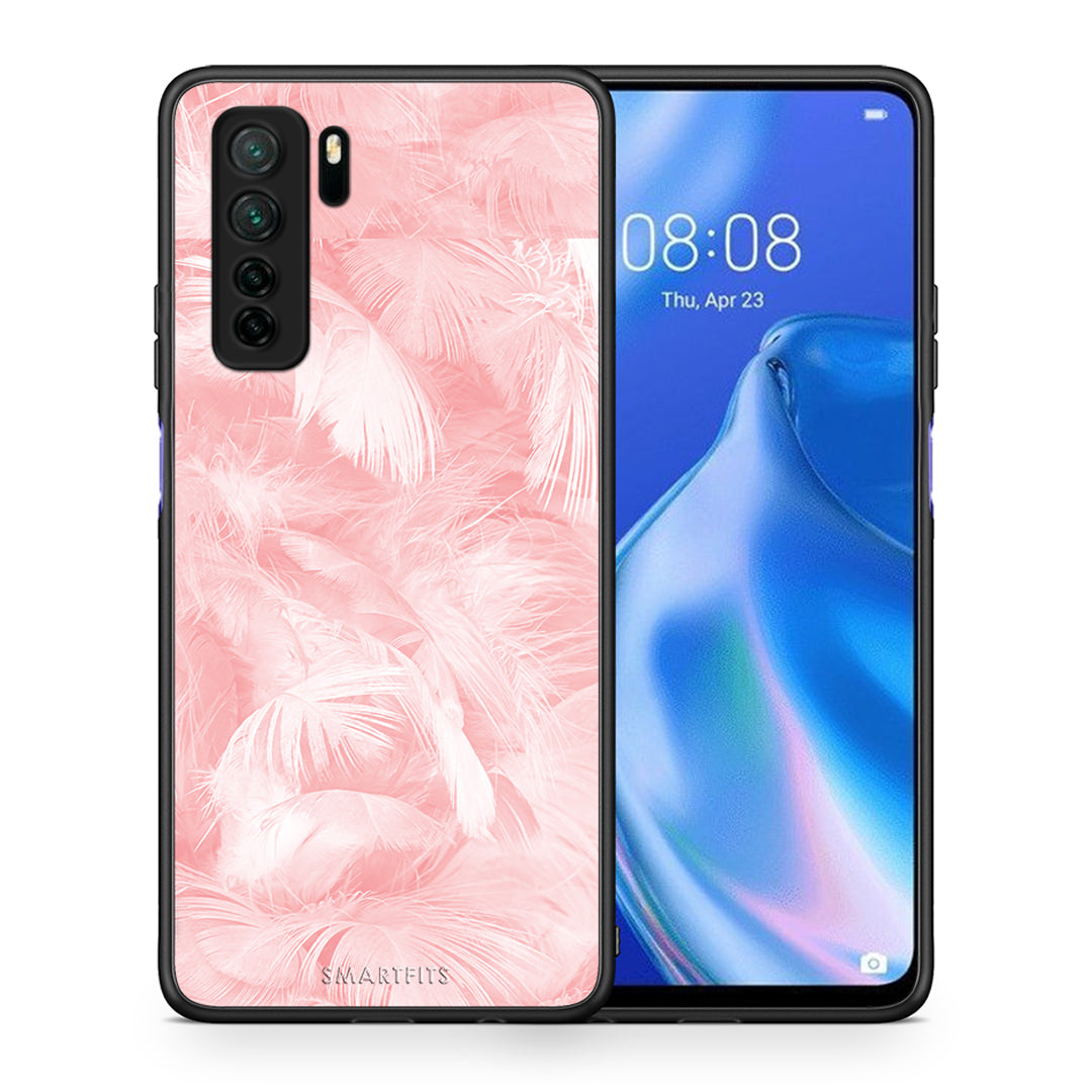 Θήκη Huawei P40 Lite 5G Boho Pink Feather από τη Smartfits με σχέδιο στο πίσω μέρος και μαύρο περίβλημα | Huawei P40 Lite 5G Boho Pink Feather Case with Colorful Back and Black Bezels