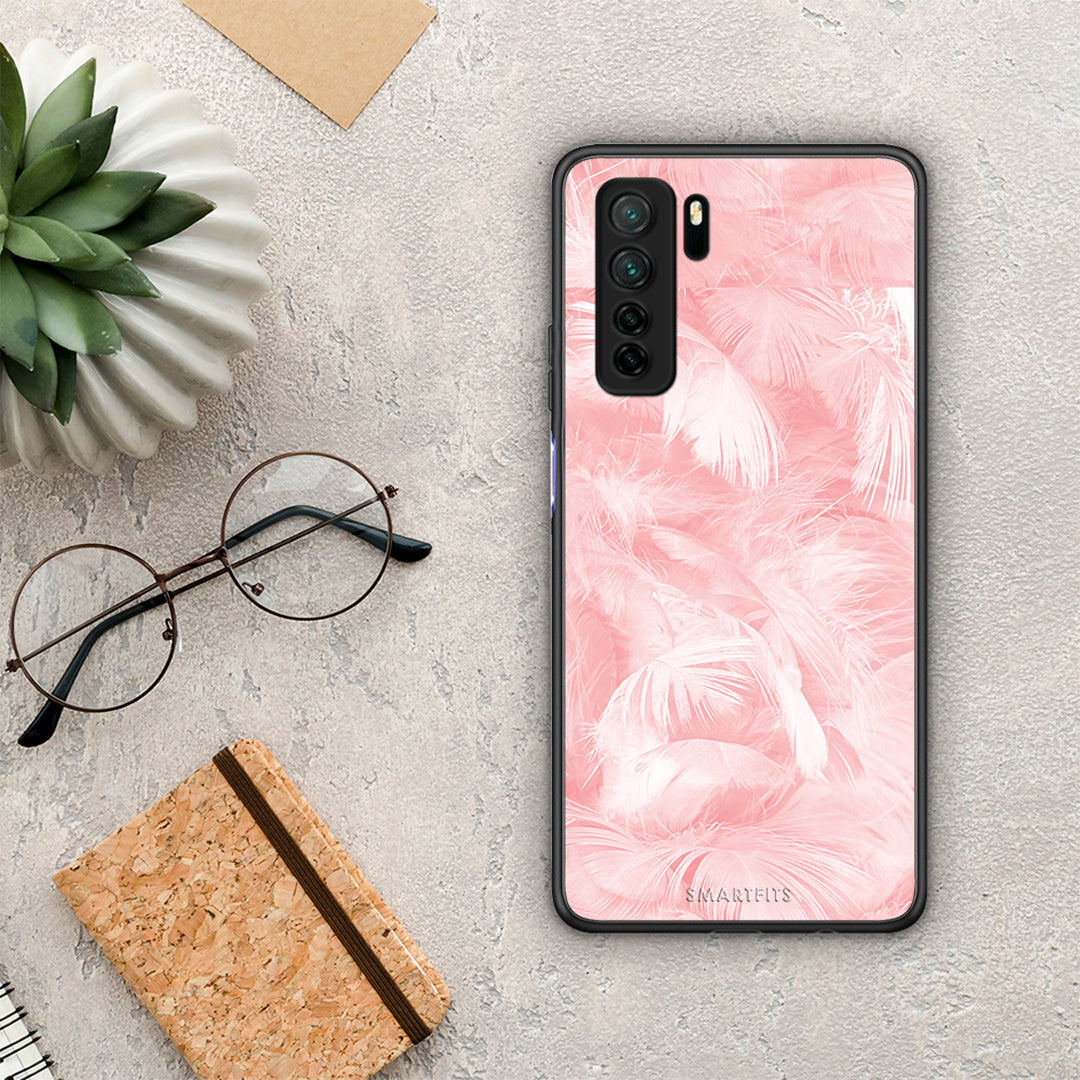 Θήκη Huawei P40 Lite 5G Boho Pink Feather από τη Smartfits με σχέδιο στο πίσω μέρος και μαύρο περίβλημα | Huawei P40 Lite 5G Boho Pink Feather Case with Colorful Back and Black Bezels