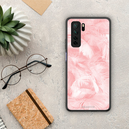 Θήκη Huawei P40 Lite 5G Boho Pink Feather από τη Smartfits με σχέδιο στο πίσω μέρος και μαύρο περίβλημα | Huawei P40 Lite 5G Boho Pink Feather Case with Colorful Back and Black Bezels