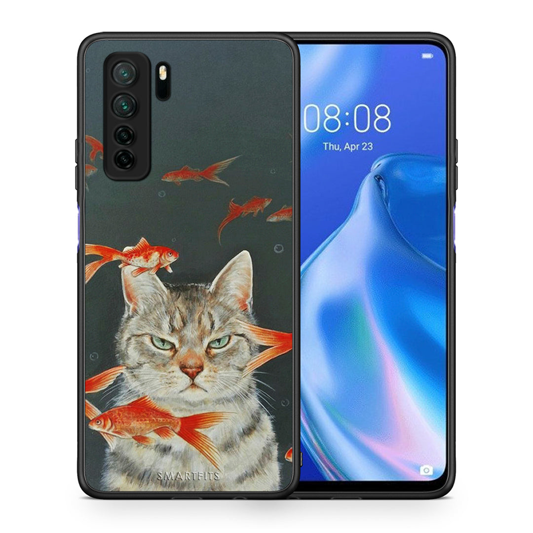 Θήκη Huawei P40 Lite 5G Cat Goldfish από τη Smartfits με σχέδιο στο πίσω μέρος και μαύρο περίβλημα | Huawei P40 Lite 5G Cat Goldfish Case with Colorful Back and Black Bezels