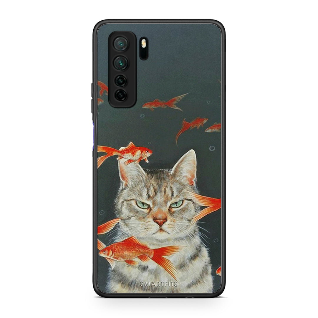 Θήκη Huawei P40 Lite 5G Cat Goldfish από τη Smartfits με σχέδιο στο πίσω μέρος και μαύρο περίβλημα | Huawei P40 Lite 5G Cat Goldfish Case with Colorful Back and Black Bezels