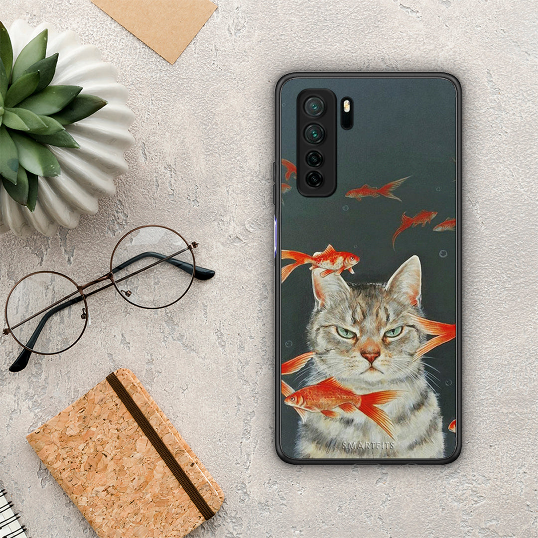 Θήκη Huawei P40 Lite 5G Cat Goldfish από τη Smartfits με σχέδιο στο πίσω μέρος και μαύρο περίβλημα | Huawei P40 Lite 5G Cat Goldfish Case with Colorful Back and Black Bezels