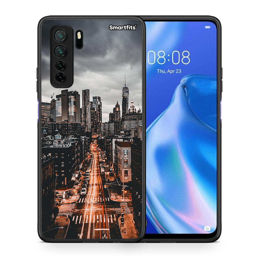 Θήκη Huawei P40 Lite 5G City Lights από τη Smartfits με σχέδιο στο πίσω μέρος και μαύρο περίβλημα | Huawei P40 Lite 5G City Lights Case with Colorful Back and Black Bezels