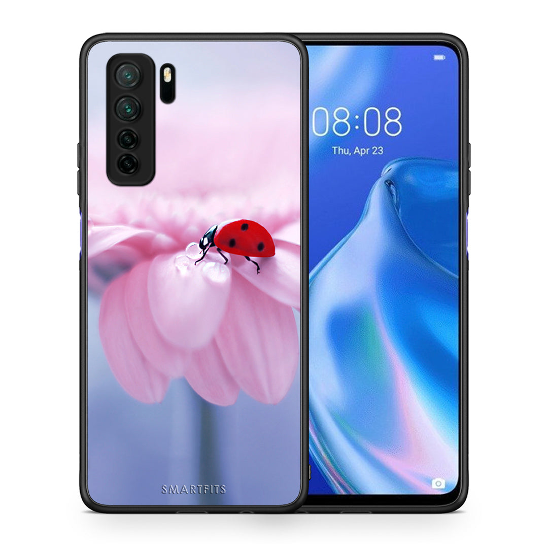 Θήκη Huawei P40 Lite 5G Ladybug Flower από τη Smartfits με σχέδιο στο πίσω μέρος και μαύρο περίβλημα | Huawei P40 Lite 5G Ladybug Flower Case with Colorful Back and Black Bezels