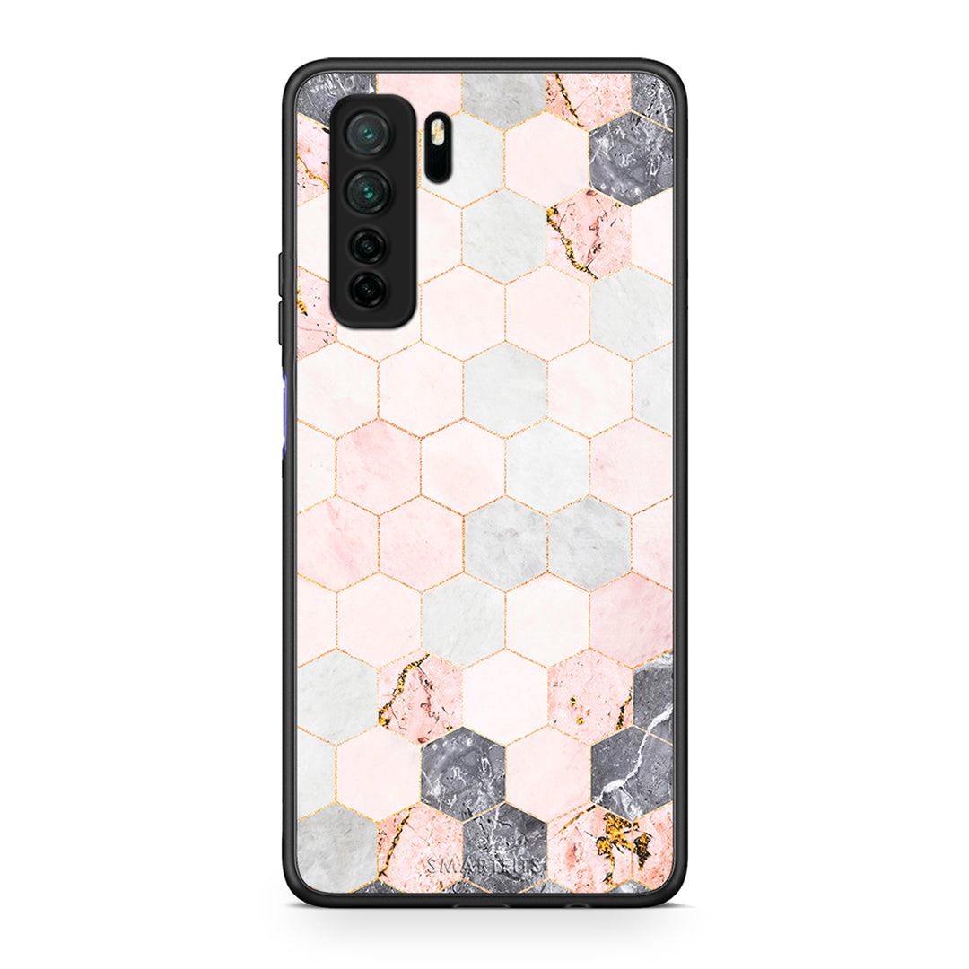 Θήκη Huawei P40 Lite 5G Marble Hexagon Pink από τη Smartfits με σχέδιο στο πίσω μέρος και μαύρο περίβλημα | Huawei P40 Lite 5G Marble Hexagon Pink Case with Colorful Back and Black Bezels