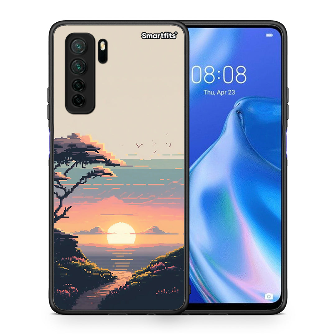 Θήκη Huawei P40 Lite 5G Pixel Sunset από τη Smartfits με σχέδιο στο πίσω μέρος και μαύρο περίβλημα | Huawei P40 Lite 5G Pixel Sunset Case with Colorful Back and Black Bezels