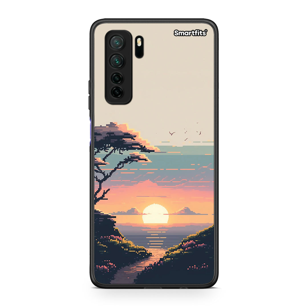 Θήκη Huawei P40 Lite 5G Pixel Sunset από τη Smartfits με σχέδιο στο πίσω μέρος και μαύρο περίβλημα | Huawei P40 Lite 5G Pixel Sunset Case with Colorful Back and Black Bezels