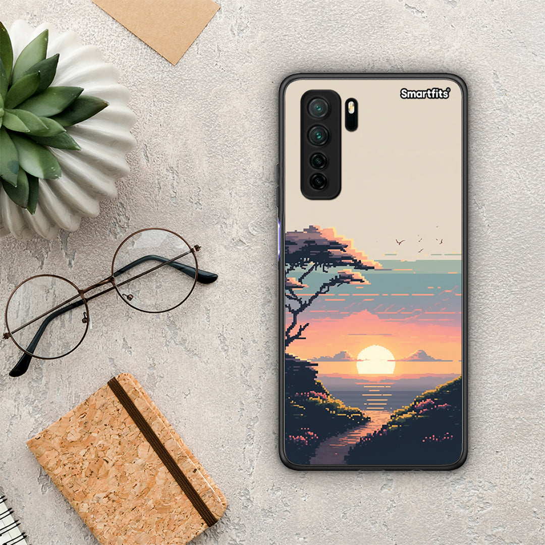 Θήκη Huawei P40 Lite 5G Pixel Sunset από τη Smartfits με σχέδιο στο πίσω μέρος και μαύρο περίβλημα | Huawei P40 Lite 5G Pixel Sunset Case with Colorful Back and Black Bezels