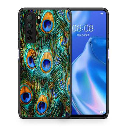 Θήκη Huawei P40 Lite 5G Real Peacock Feathers από τη Smartfits με σχέδιο στο πίσω μέρος και μαύρο περίβλημα | Huawei P40 Lite 5G Real Peacock Feathers Case with Colorful Back and Black Bezels