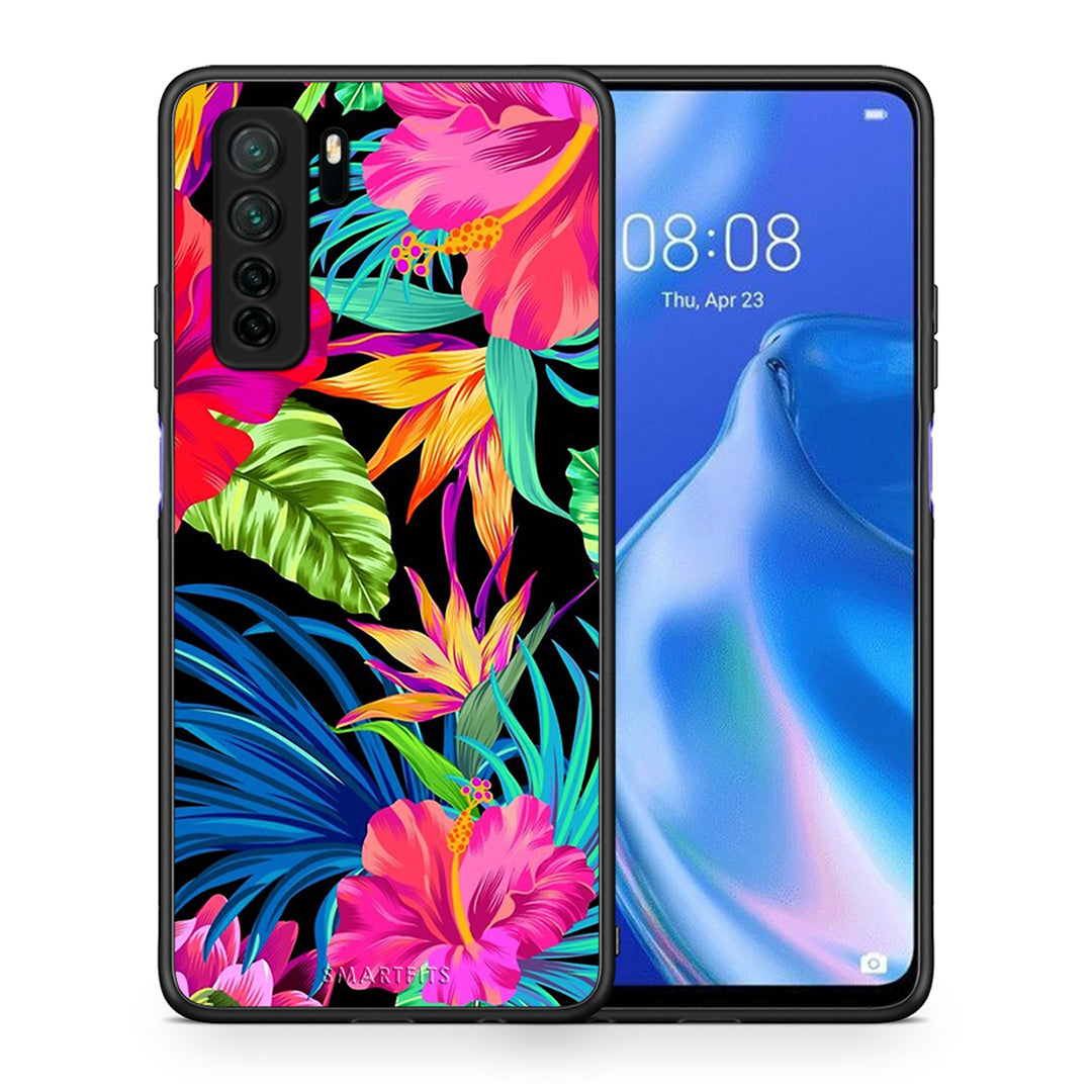 Θήκη Huawei P40 Lite 5G Tropical Flowers από τη Smartfits με σχέδιο στο πίσω μέρος και μαύρο περίβλημα | Huawei P40 Lite 5G Tropical Flowers Case with Colorful Back and Black Bezels