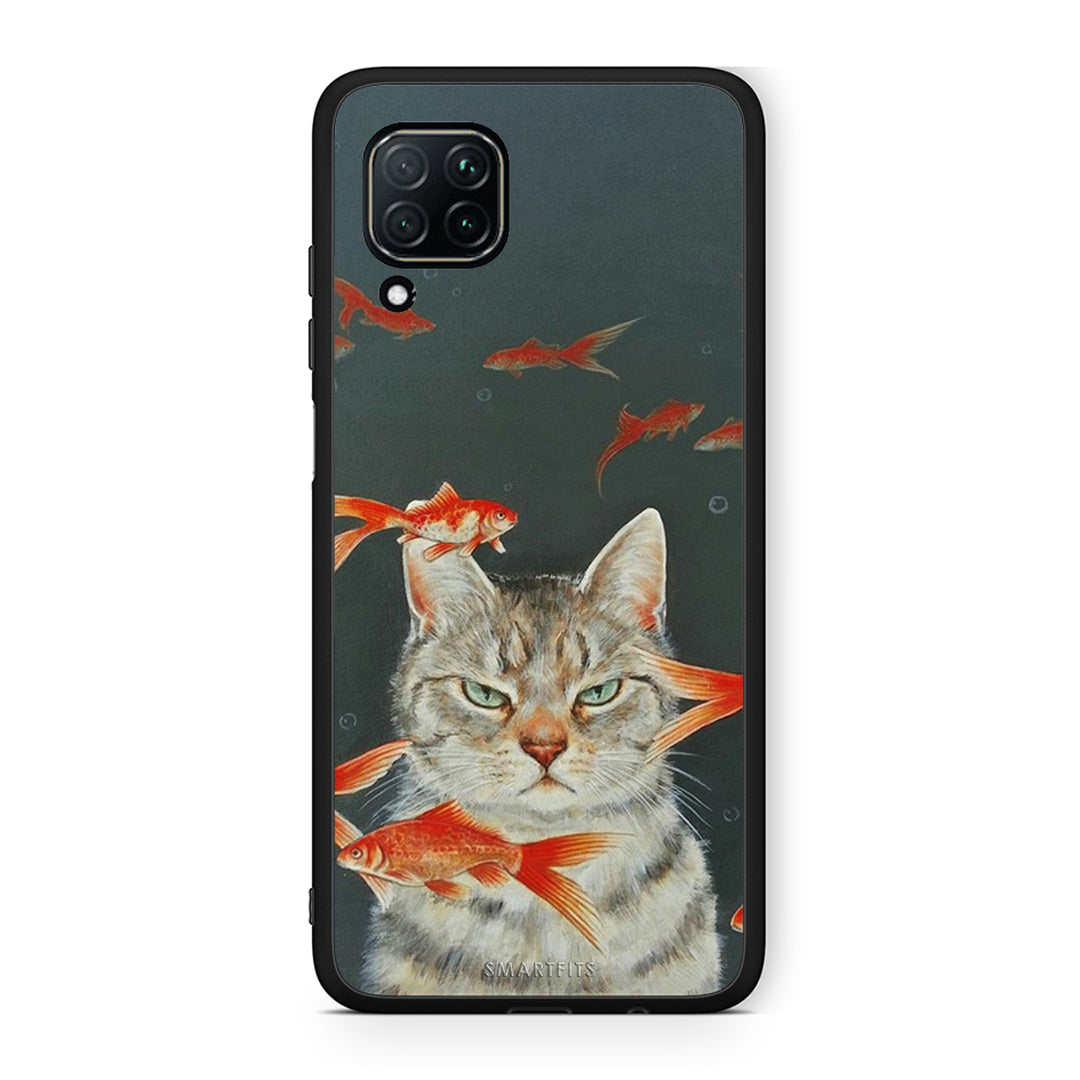 Huawei P40 Lite Cat Goldfish θήκη από τη Smartfits με σχέδιο στο πίσω μέρος και μαύρο περίβλημα | Smartphone case with colorful back and black bezels by Smartfits