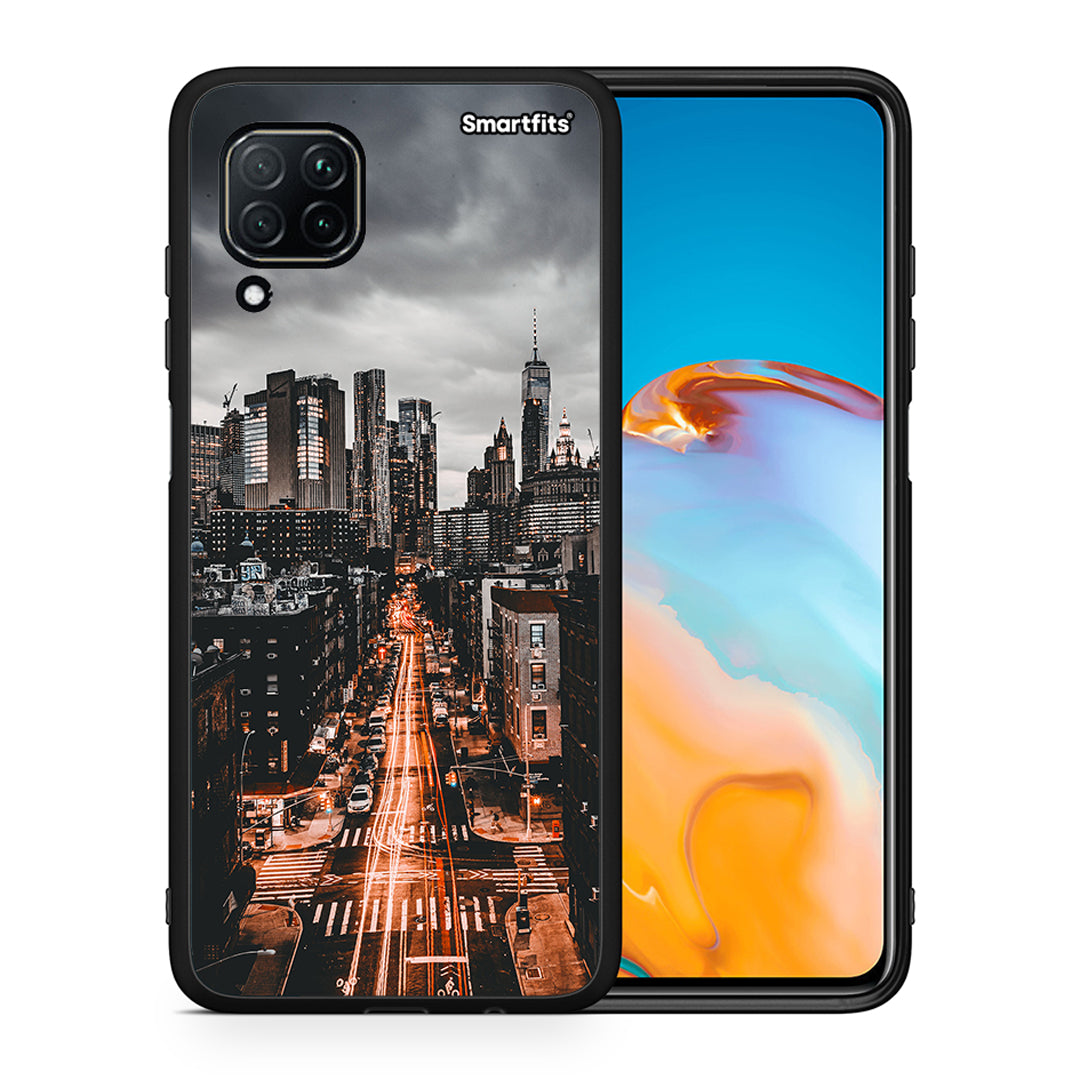Θήκη Huawei P40 Lite City Lights από τη Smartfits με σχέδιο στο πίσω μέρος και μαύρο περίβλημα | Huawei P40 Lite City Lights case with colorful back and black bezels