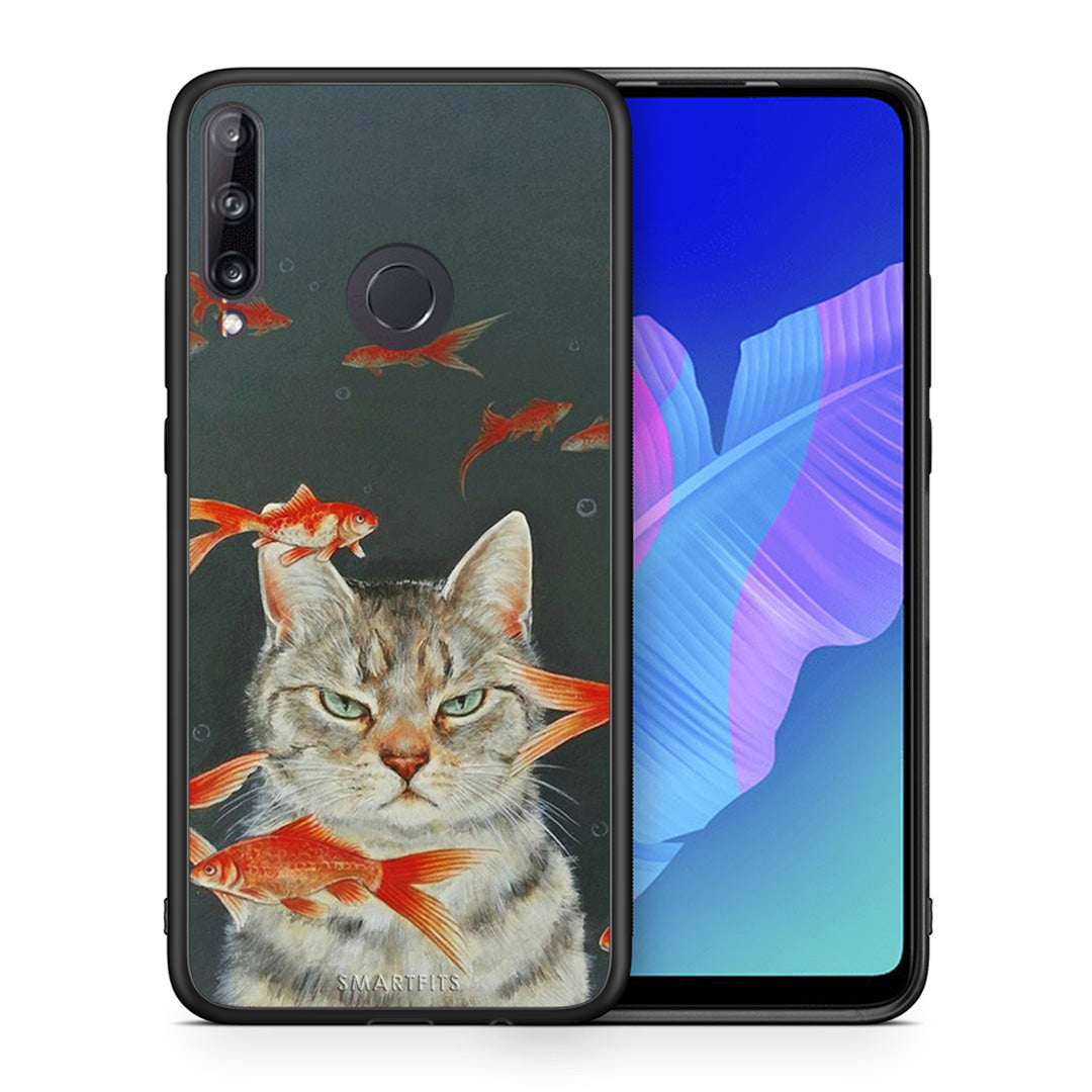 Θήκη Huawei P40 Lite E Cat Goldfish από τη Smartfits με σχέδιο στο πίσω μέρος και μαύρο περίβλημα | Huawei P40 Lite E Cat Goldfish case with colorful back and black bezels