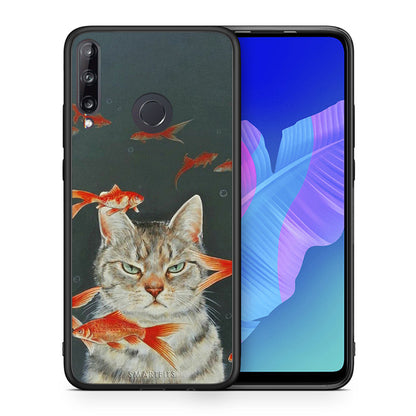 Θήκη Huawei P40 Lite E Cat Goldfish από τη Smartfits με σχέδιο στο πίσω μέρος και μαύρο περίβλημα | Huawei P40 Lite E Cat Goldfish case with colorful back and black bezels
