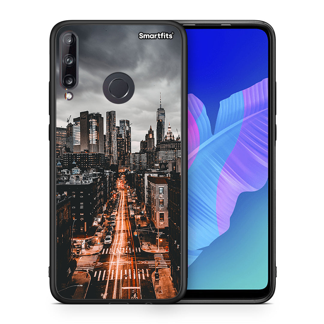 Θήκη Huawei P40 Lite E City Lights από τη Smartfits με σχέδιο στο πίσω μέρος και μαύρο περίβλημα | Huawei P40 Lite E City Lights case with colorful back and black bezels