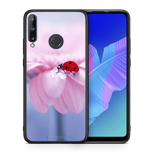 Θήκη Huawei P40 Lite E Ladybug Flower από τη Smartfits με σχέδιο στο πίσω μέρος και μαύρο περίβλημα | Huawei P40 Lite E Ladybug Flower case with colorful back and black bezels